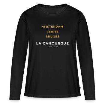 La Canourgue Lozère - Amsterdam - Venise - Bruges - T-shirt manches longues Premium bio Femme - noir - Devant - Julia (174cm)