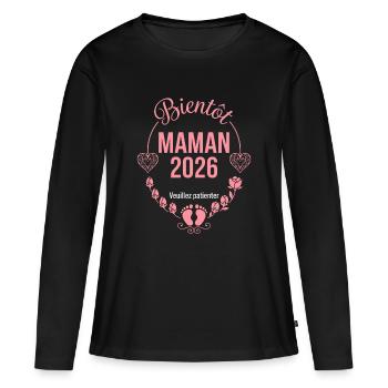 Bientôt Maman 2026 Veuillez Patienter Grossesse - T-shirt manches longues Premium bio Femme - noir - Devant - Julia (174cm)