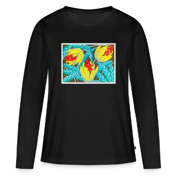 Explosion de tournesol dans le feuillage sarcelle - T-shirt manches longues Premium bio Femme - noir - Devant - Julia (174cm)