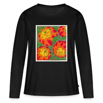 Roses dorées sur fond cramoisi - T-shirt manches longues Premium bio Femme - noir - Devant - Julia (174cm)