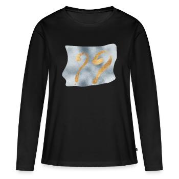 Points d’interrogation dorés sur fond bleu - T-shirt manches longues Premium bio Femme - noir - Devant - Julia (174cm)
