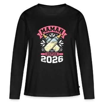 Maman Depuis 2026 Biberons Cadeau Mère - T-shirt manches longues Premium bio Femme - noir - Devant - Julia (174cm)