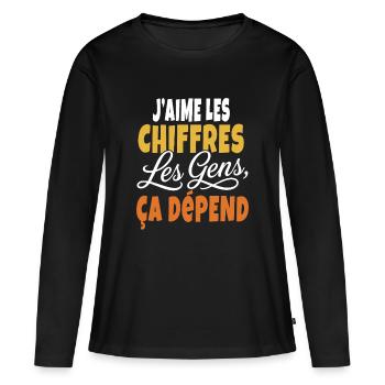 T-shirt Humour Comptable : Les Chiffres Ça Dépend - T-shirt manches longues Premium bio Femme - noir - Devant - Julia (174cm)