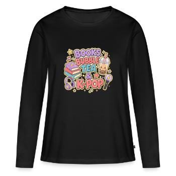 Livres, bubble tea et K-Pop - T-shirt manches longues Premium bio Femme - noir - Devant - Julia (174cm)