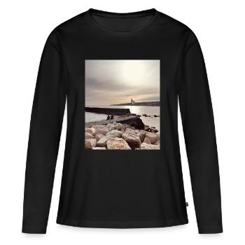 Coucher de soleil sur la jetée et les rochers - T-shirt manches longues Premium bio Femme - noir - Devant - Julia (174cm)