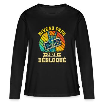 Niveau Papa 2025 Débloqué - Cadeau Futur Père Rétr - T-shirt manches longues Premium bio Femme - noir - Devant - Julia (174cm)