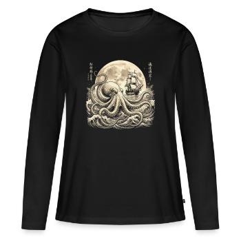 Vintage Oktopus unter Vollmond mit Segelschiff - Frauen Premium Bio Langarmshirt - Schwarz - Vorne - Julia (174cm)