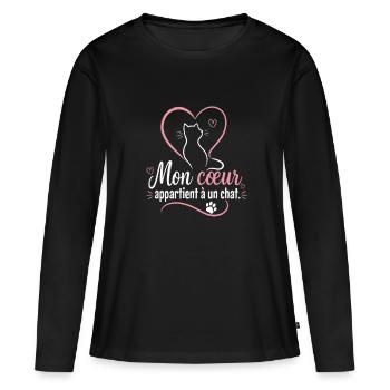 Mon cœur appartient à un chat - T-shirt manches longues Premium bio Femme - noir - Devant - Julia (174cm)
