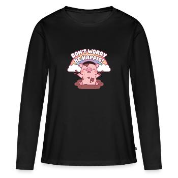 Cochon mignon jouant dans la boue, ne t’inquiète pas, sois heureux - T-shirt manches longues Premium bio Femme - noir - Devant - Julia (174cm)