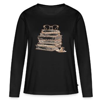 Buchstapel mit Brille - Frauen Premium Bio Langarmshirt - Schwarz - Vorne - Julia (174cm)