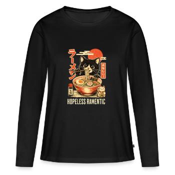 Hopless Ramentic - schwarze Katze isst Ramen - Frauen Premium Bio Langarmshirt - Schwarz - Vorne - Julia (174cm)