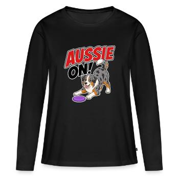 Aussie On! Verspielter Frisb-Hund - Frauen Premium Bio Langarmshirt - Schwarz - Vorne - Julia (174cm)
