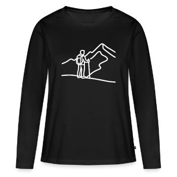 Minimalistischer Wanderer vor Bergpanorama - Frauen Premium Bio Langarmshirt - Schwarz - Vorne - Julia (174cm)