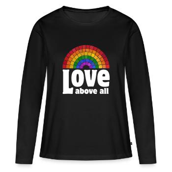 Love Above All | Regenbogen Pride Design - Frauen Premium Bio Langarmshirt - Schwarz - Vorne - Julia (174cm)
