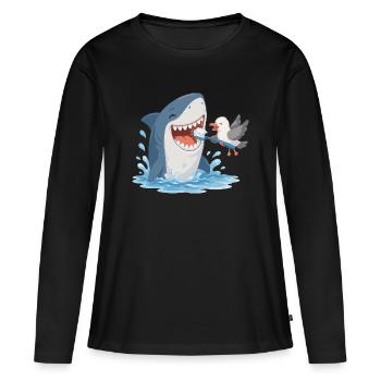 Requin se brossant les dents avec une mouette - T-shirt manches longues Premium bio Femme - noir - Devant - Julia (174cm)