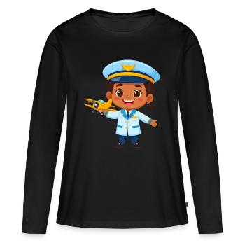 Capitaine de Kawaii avec avion – Art de pilote mignon - T-shirt manches longues Premium bio Femme - noir - Devant - Julia (174cm)