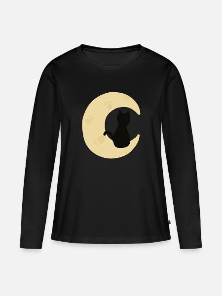 Mondbeschienene Katzensilhouette - Frauen Premium Bio Langarmshirt - Schwarz