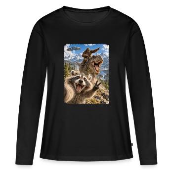 Lustiges Waschbär Selfie mit Bigfoot, T-Rex, UFO - Frauen Premium Bio Langarmshirt - Schwarz - Vorne - Julia (174cm)