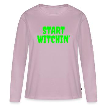 Vert vibrant Sorcière Phrase de début - T-shirt manches longues Premium bio Femme - rose poudré - Devant - Julia (174cm)