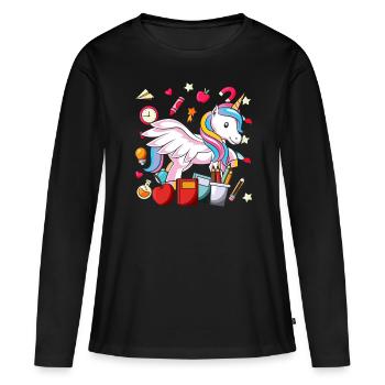 Ecole Motif Motif Ecole Ecole Débutants Licorne - T-shirt manches longues Premium bio Femme - noir - Devant - Julia (174cm)