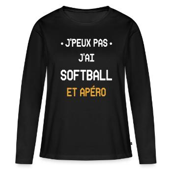 Ich kann nicht, ich habe Softball und Aperitif - Frauen Premium Bio Langarmshirt - Schwarz - Vorne - Julia (174cm)