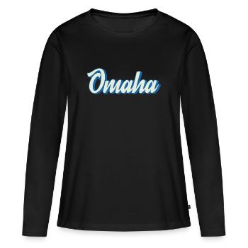 Lettrage Omaha en bleu rétro - T-shirt manches longues Premium bio Femme - noir - Devant - Julia (174cm)