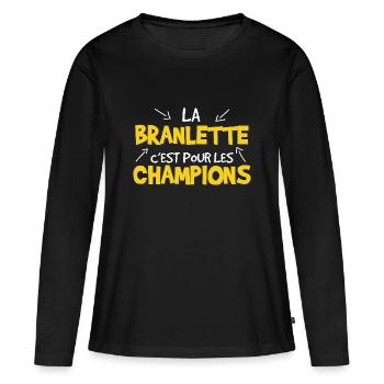 La branlette c'est pour les champions / Flemme - T-shirt manches longues Premium bio Femme - noir - Devant - Julia (174cm)