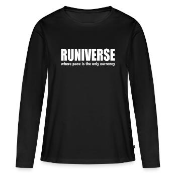 Runiverse Pace Is Currency Running is my Universe - Frauen Premium Bio Langarmshirt - Schwarz - Vorne - Julia (174cm)