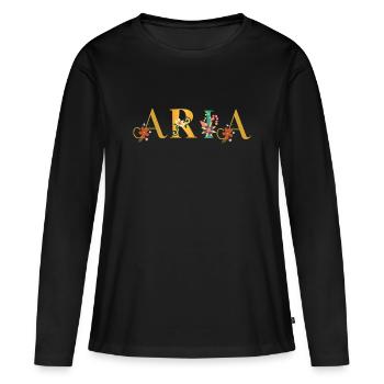 ARIA Namenskunst mit gestickten Blumen - Frauen Premium Bio Langarmshirt - Schwarz - Vorne - Julia (174cm)