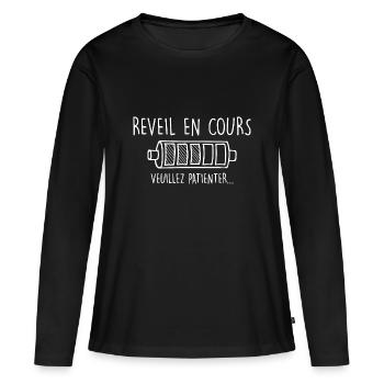 Réveil en cours. Cadeau Dormeur Humour - T-shirt manches longues Premium bio Femme - noir - Devant - Julia (174cm)