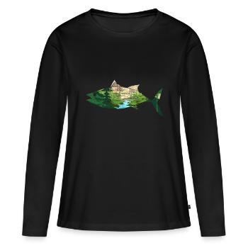 Fischen Natur Bäume Berge Angeln Geschenk Fisch - Frauen Premium Bio Langarmshirt - Schwarz - Vorne - Julia (174cm)