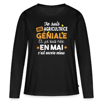 Agricultrice femme. Poussin poulailler ferme - T-shirt manches longues Premium bio Femme - noir - Devant - Julia (174cm)