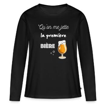 Phrase humoristique Bière - T-shirt manches longues Premium bio Femme - noir - Devant - Julia (174cm)