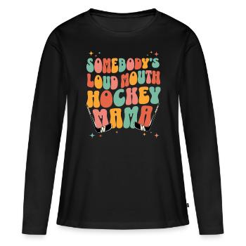 Phrase Humoristique Maman Joueur De Hockey - T-shirt manches longues Premium bio Femme - noir - Devant - Julia (174cm)