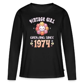 Vintage Année 1974 Anniversaire Femme 50 Ans - T-shirt manches longues Premium bio Femme - noir - Devant - Julia (174cm)