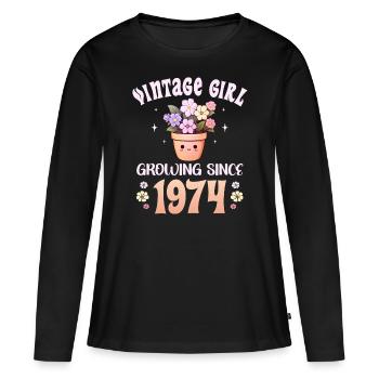 Vintage Année 1974 Anniversaire Femme 50 Ans - T-shirt manches longues Premium bio Femme - noir - Devant - Julia (174cm)