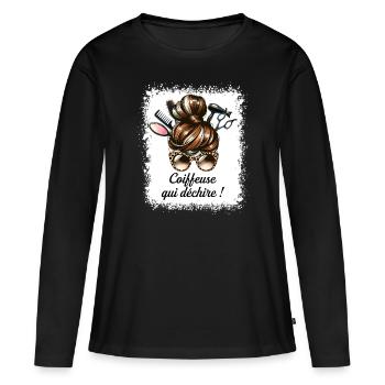 Chignon Coiffeuse Qui Déchire Super Coiffeuse - T-shirt manches longues Premium bio Femme - noir - Devant - Julia (174cm)