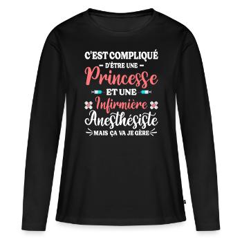 Humour Femme Princesse Infirmière Anesthésiste - T-shirt manches longues Premium bio Femme - noir - Devant - Julia (174cm)