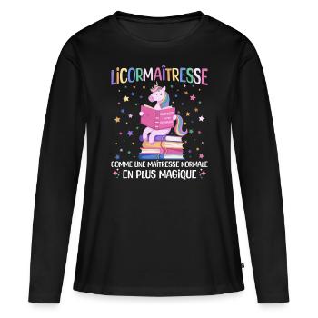 Licormaitresse Licorne Enseignante - T-shirt manches longues Premium bio Femme - noir - Devant - Julia (174cm)