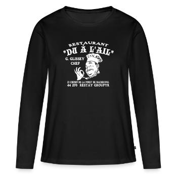 Restaurant "du à l'ail" - T-shirt manches longues Premium bio Femme - noir - Devant - Julia (174cm)