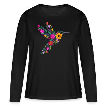 Kolibri Blumen Grafik - Frauen Premium Bio Langarmshirt - Schwarz - Vorne - Julia (174cm)