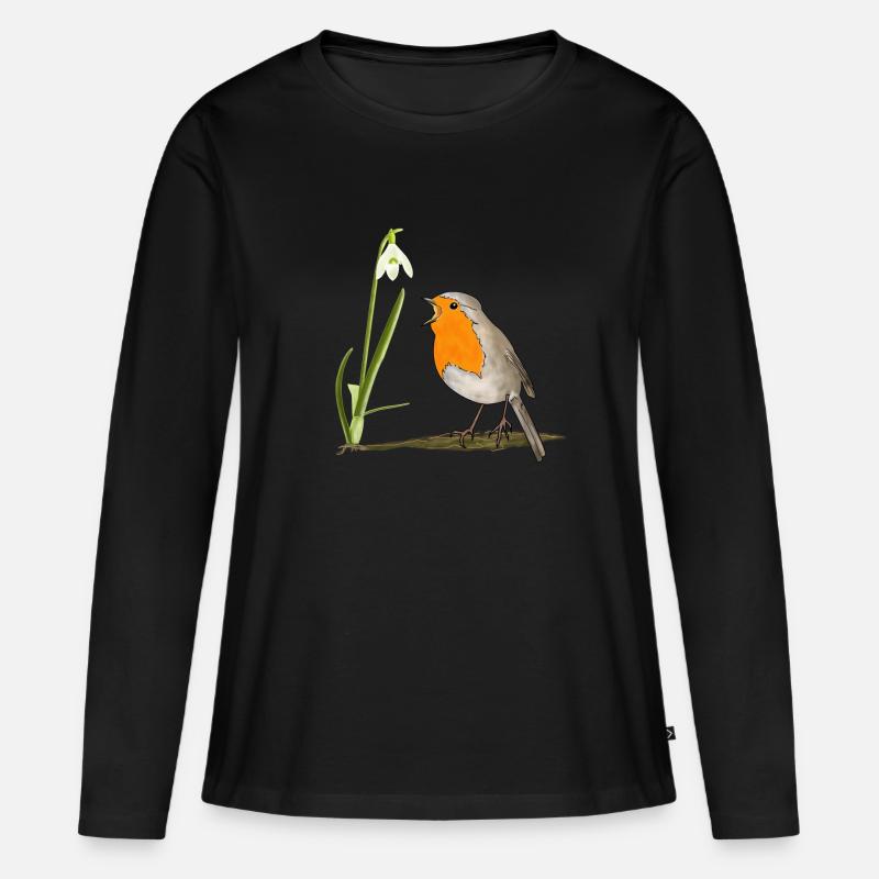 Frühling, Rotkehlchen, Schneeglöckchen - Frauen Premium Bio Langarmshirt - Schwarz