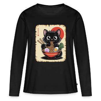 Kawaii Schwarze Katze isst japanische Ramen-Nudeln - Frauen Premium Bio Langarmshirt - Schwarz - Vorne - Julia (174cm)