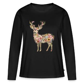 Blumenreh | Florales Reh aus Wildblumen - Frauen Premium Bio Langarmshirt - Schwarz - Vorne - Julia (174cm)
