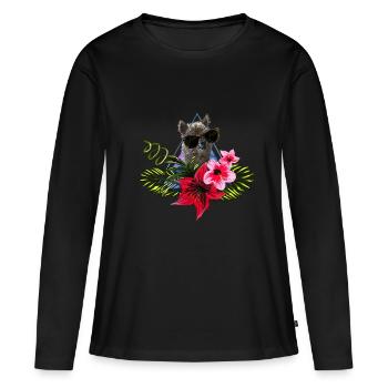 Hawaii Aloha Lama Motif - Alpaga en fleurs d'hibiscus - T-shirt manches longues Premium bio Femme - noir - Devant - Julia (174cm)