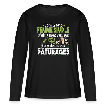Vache Veau Animal Cadeau Femme Pâturage Fermière - T-shirt manches longues Premium bio Femme - noir - Devant - Julia (174cm)
