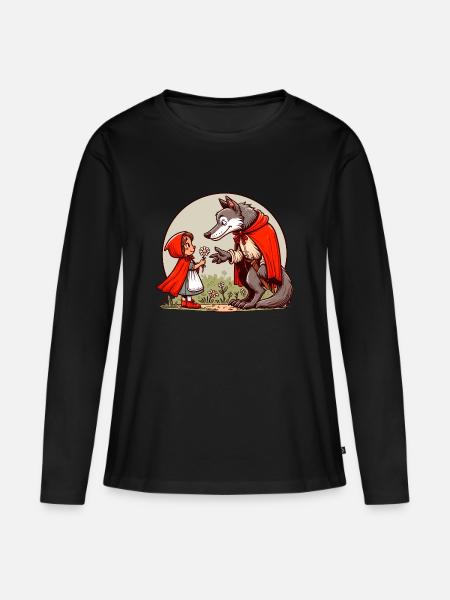 Rotkäppchen Märchen Wolf Niedlich Märchenfigur - Frauen Premium Bio Langarmshirt - Schwarz