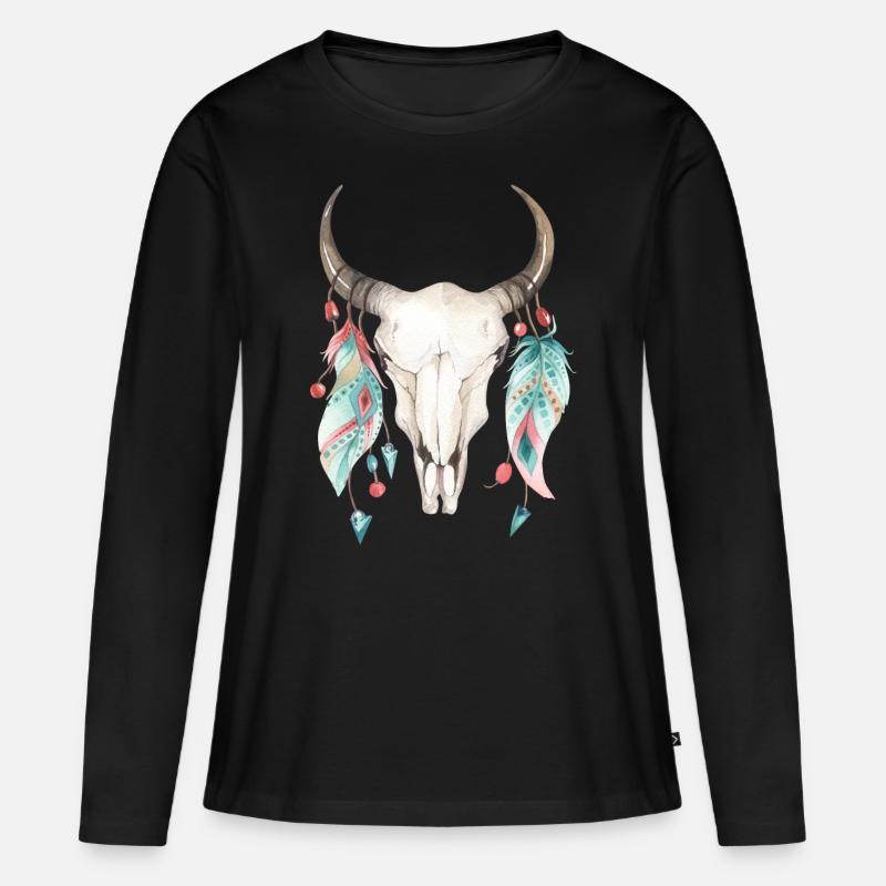 Tier Schädel mit Federn. - Frauen Premium Bio Langarmshirt - Schwarz