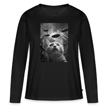 Chat selfie OVNI - T-shirt manches longues Premium bio Femme - noir - Devant - Julia (174cm)
