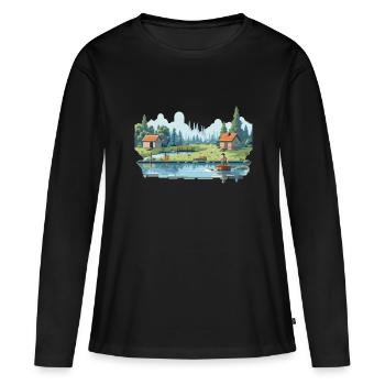 Angler Natur 8Bit Stil - Frauen Premium Bio Langarmshirt - Schwarz - Vorne - Julia (174cm)